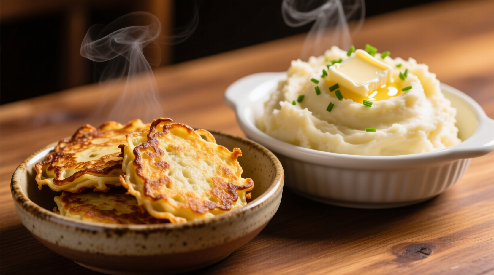 Golden potato pancakes served alongside creamy mashed potatoes