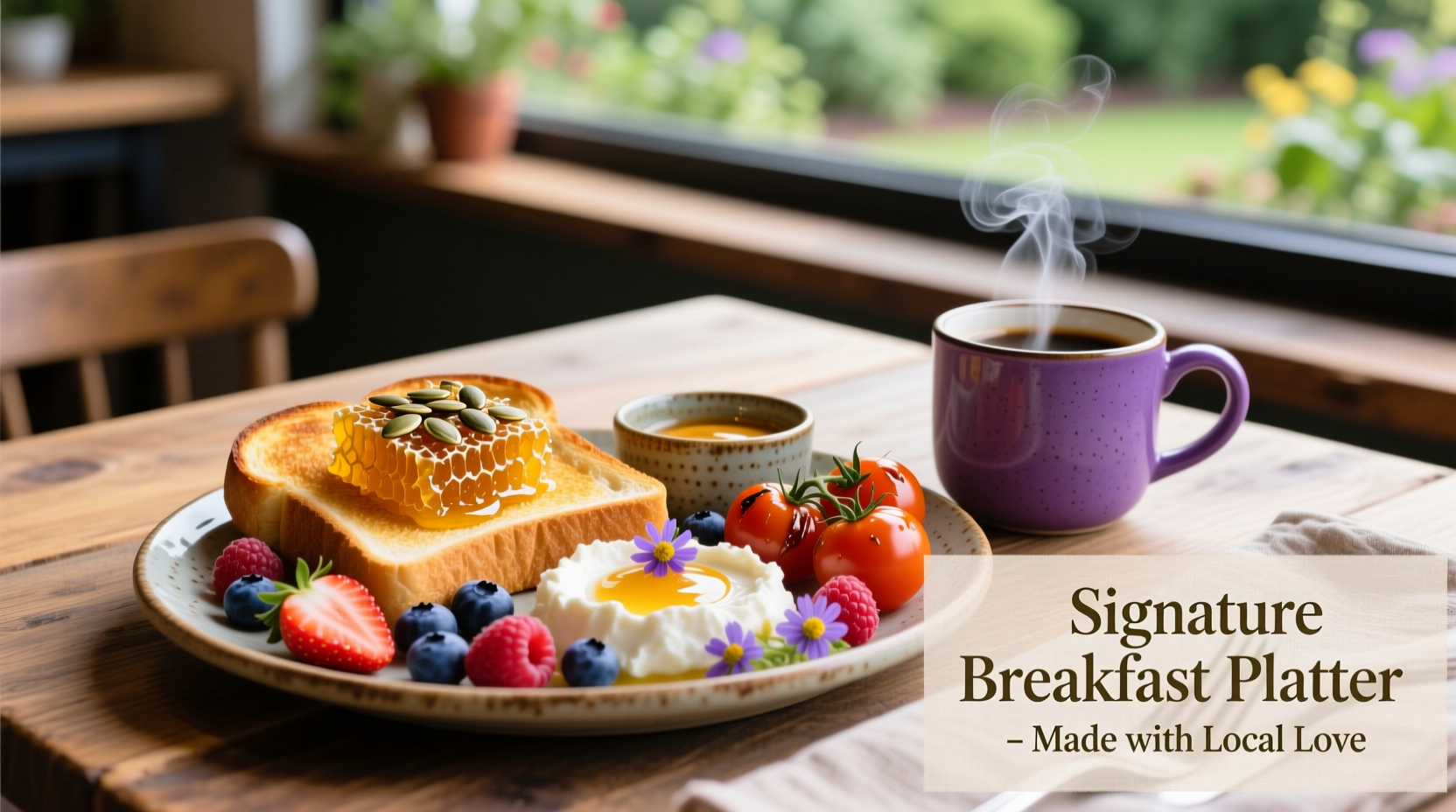 Purple Onion Cafe's signature breakfast platter with local ingredients