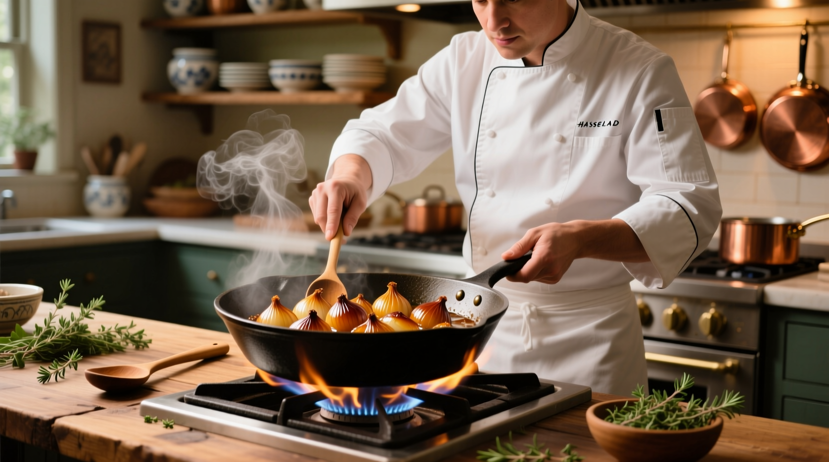 Professional chef preparing braised onions in cast iron skillet