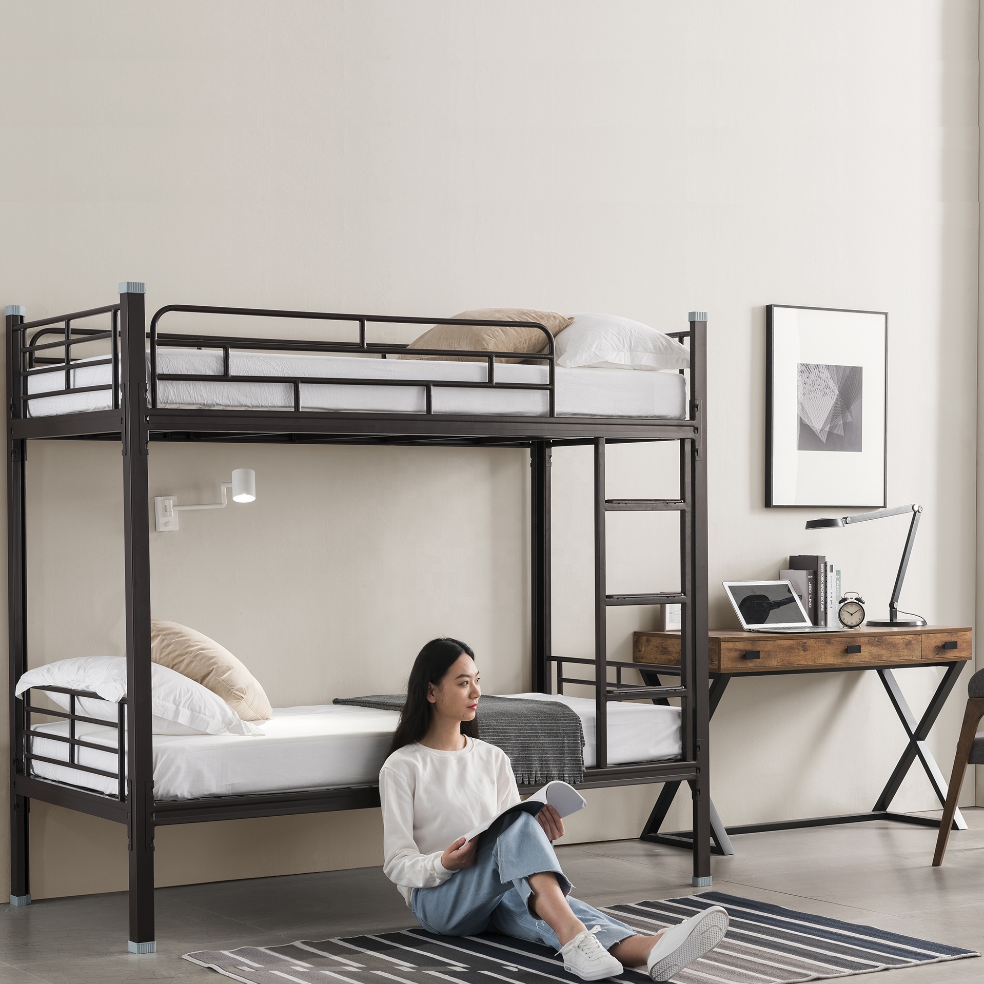 2021热卖无螺丝宿舍成人钢双层床军用风格耐用宿舍金属双层床