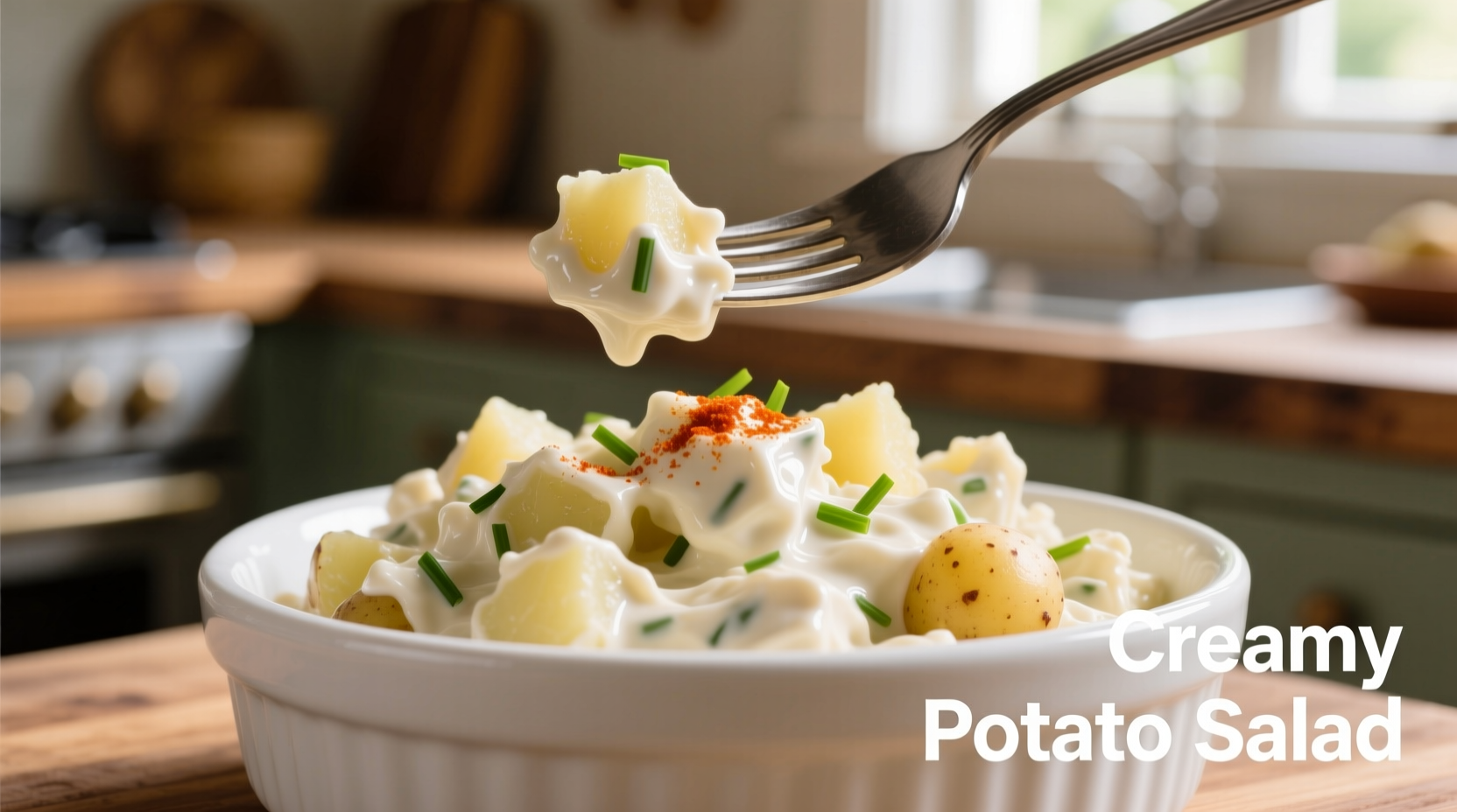Creamy potato salad in white container with fork