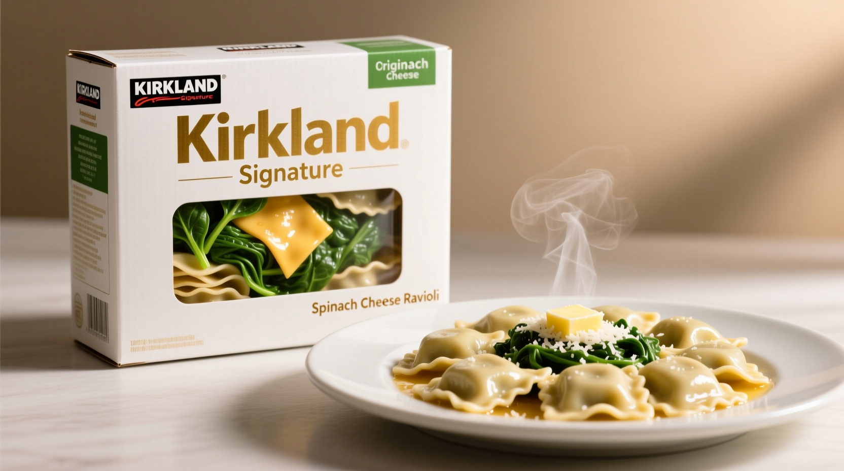 Kirkland Signature spinach cheese ravioli package and cooked serving