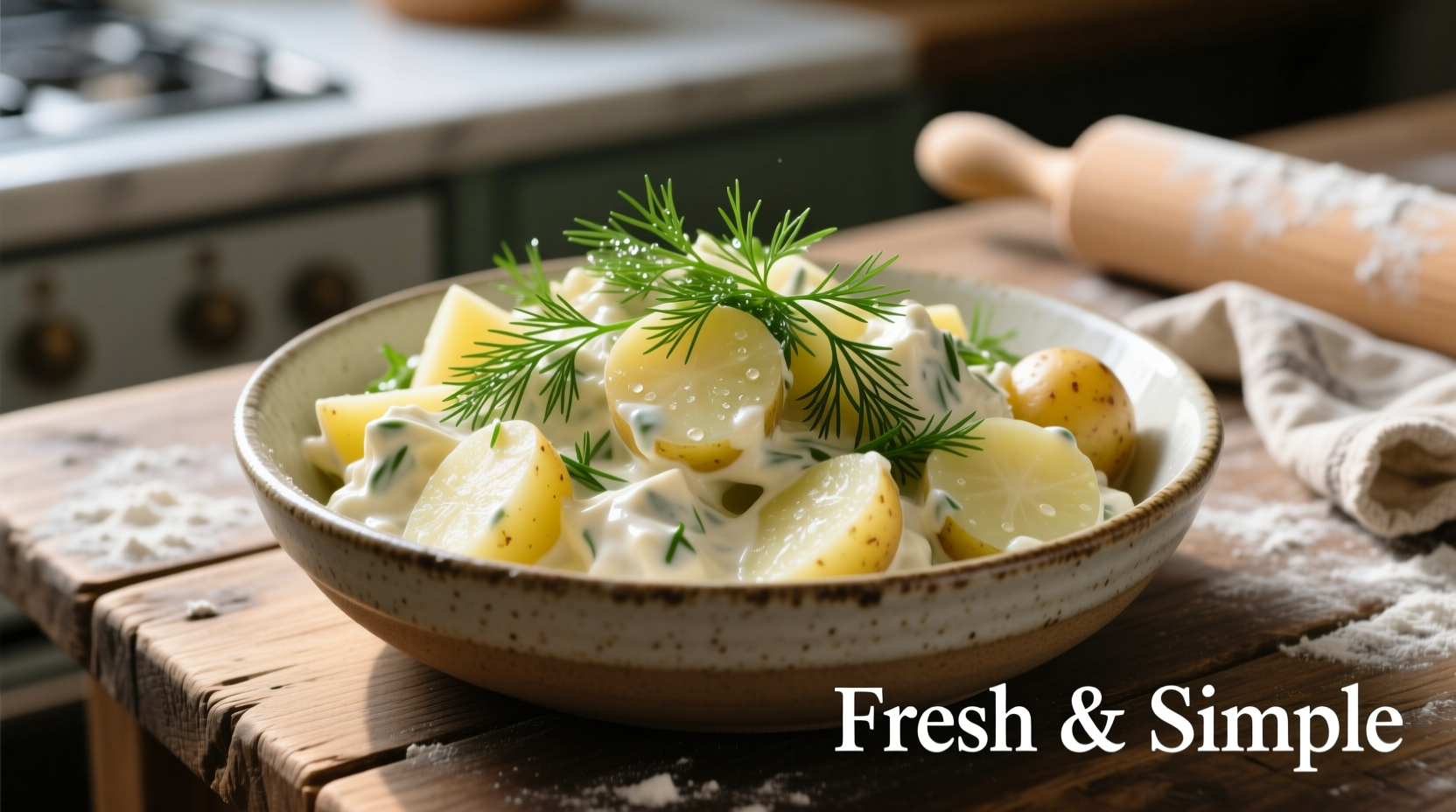 Creamy potato salad in serving bowl with fresh dill garnish