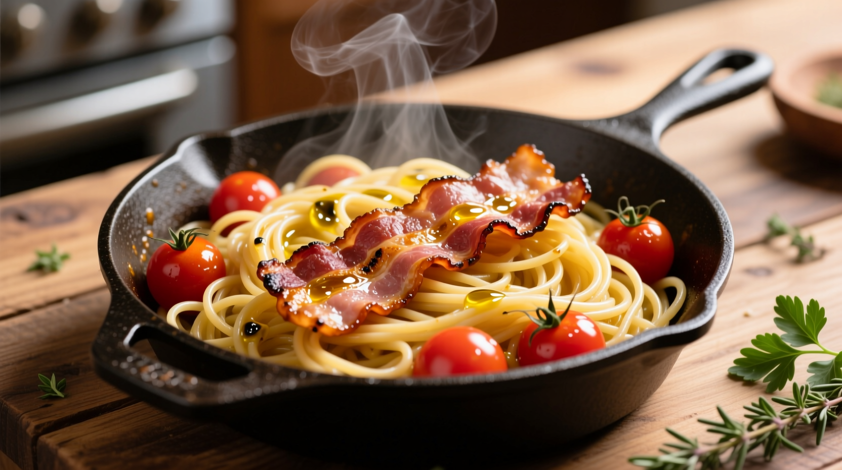 Crispy bacon and cherry tomatoes in skillet with pasta