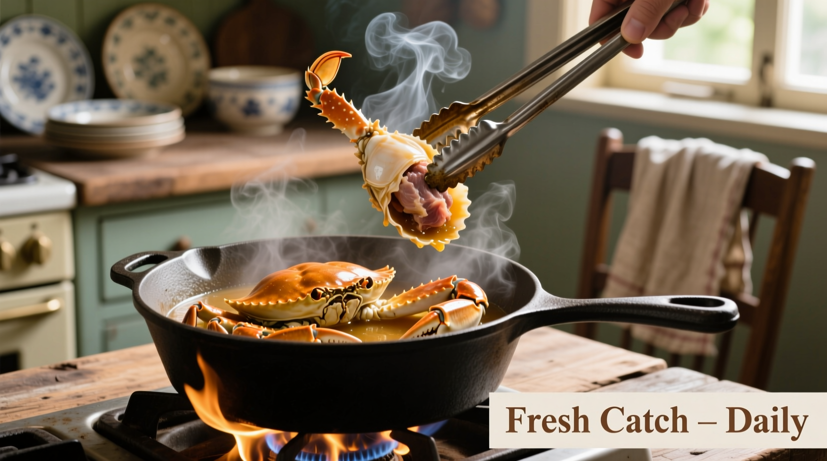Steaming fresh crab legs in a pot with tongs