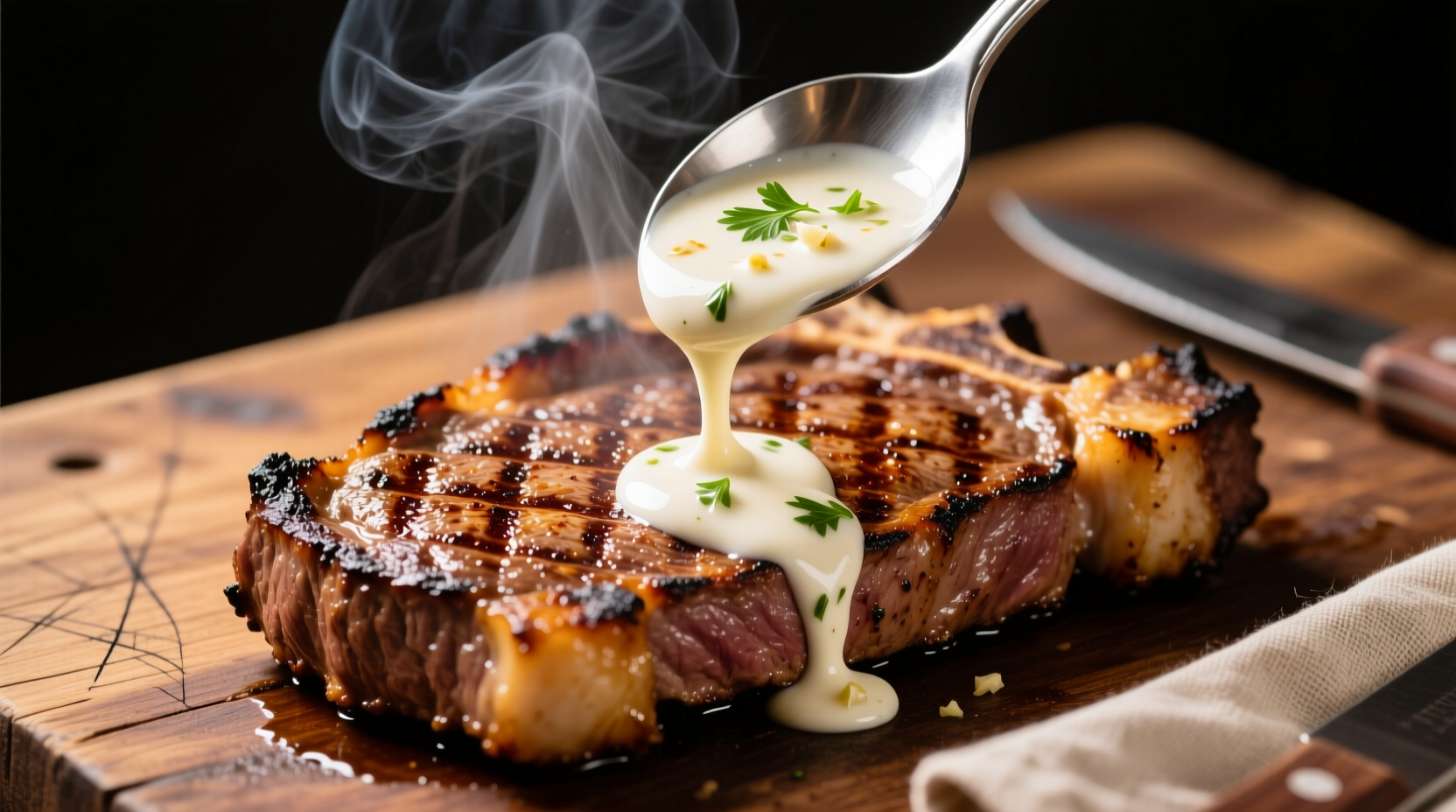 Homemade garlic sauce being poured over grilled steak