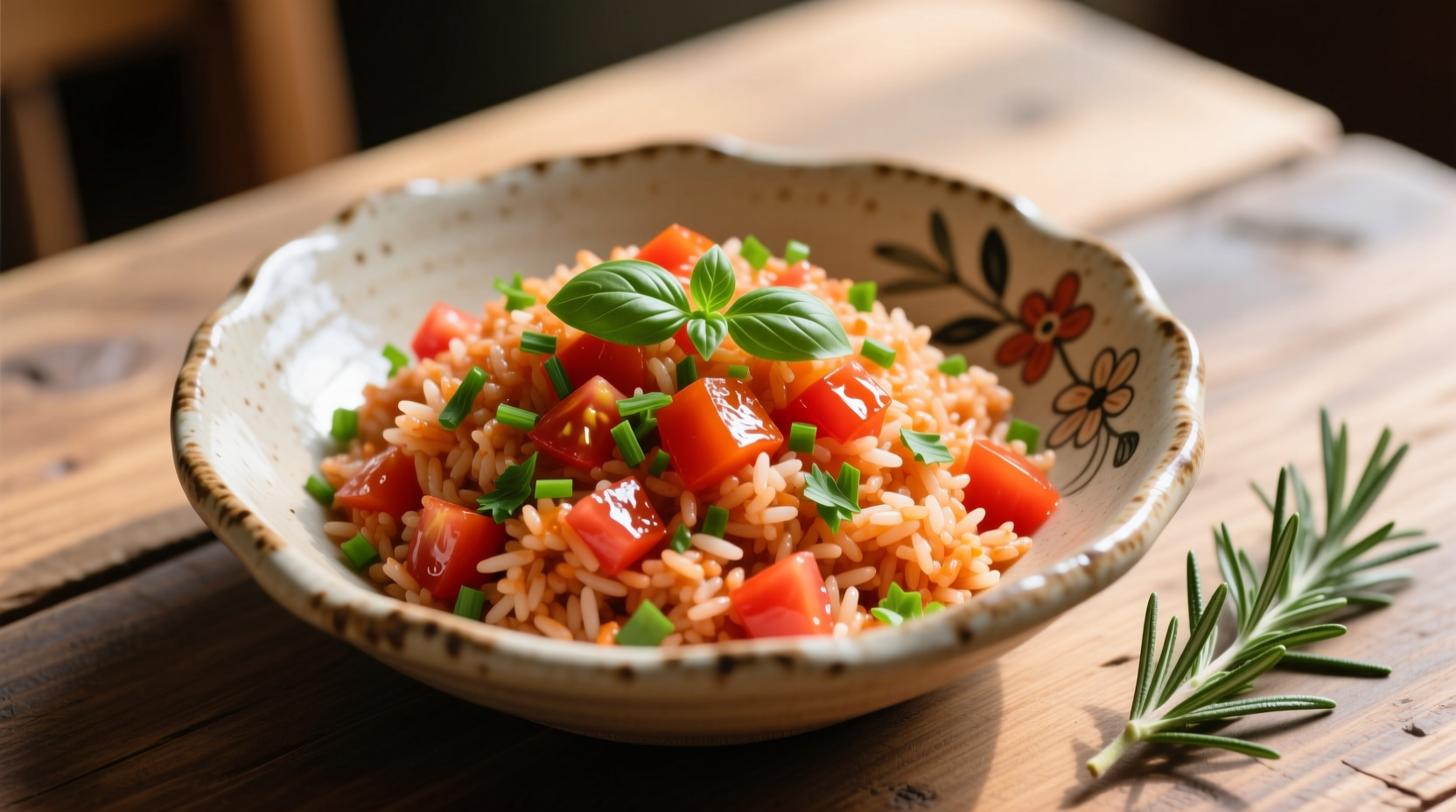 Vibrant tomato rice in ceramic dish with fresh herbs