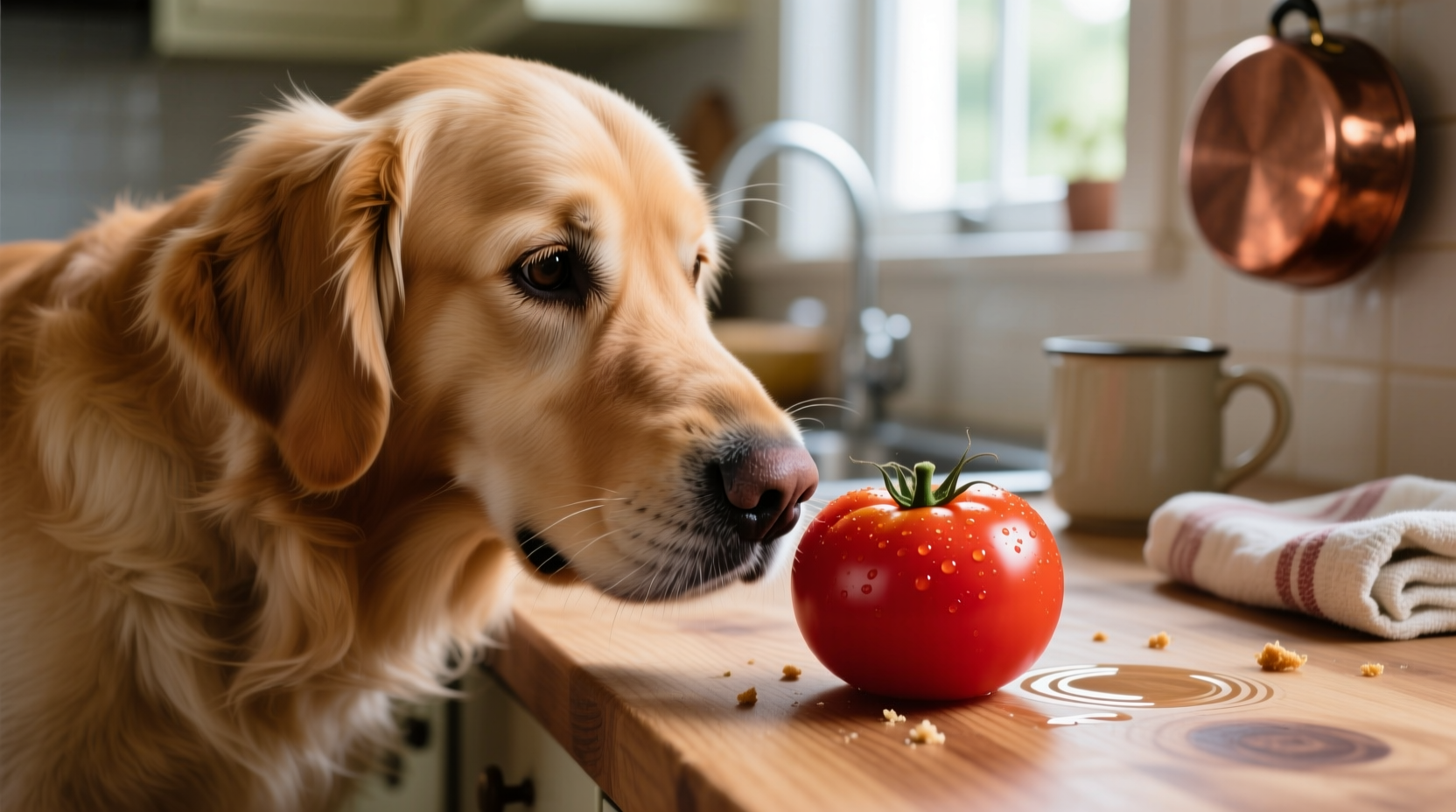 Dog cautiously sniffing a ripe red tomato on kitchen counter