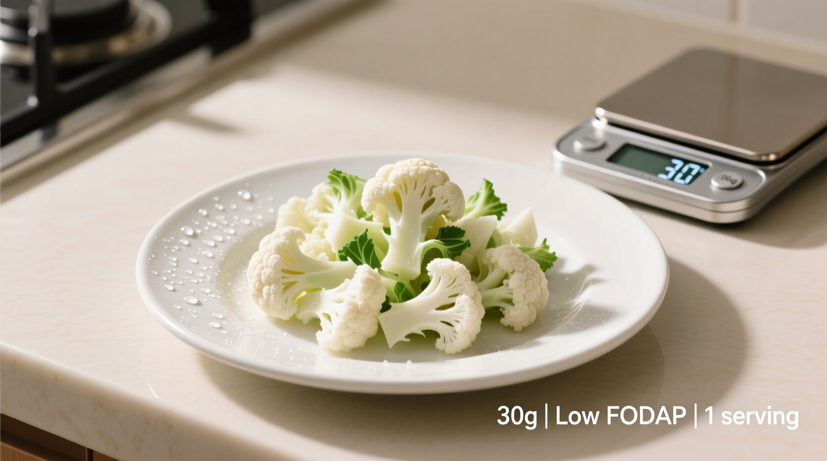Chopped cauliflower measured in 30g portion for low FODMAP diet
