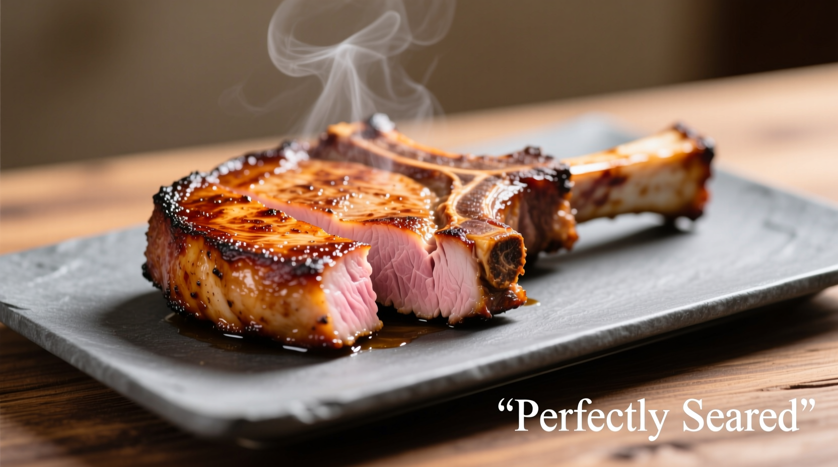 Perfectly seared bone-in pork chop with golden crust