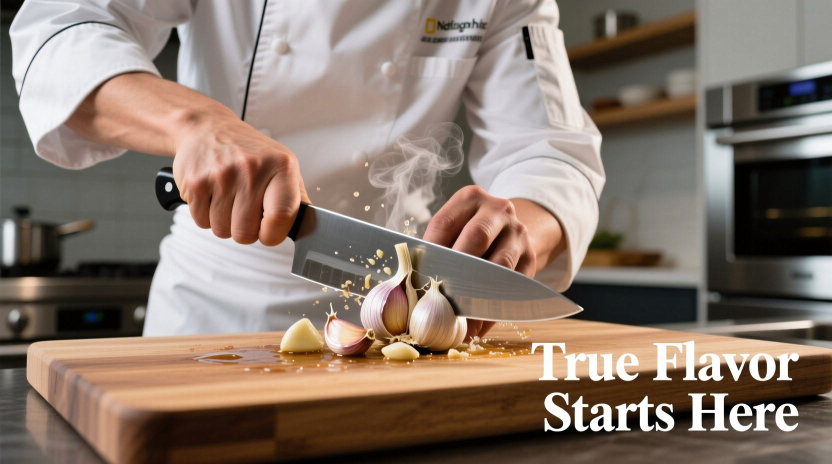 Professional chef crushing garlic cloves with a knife