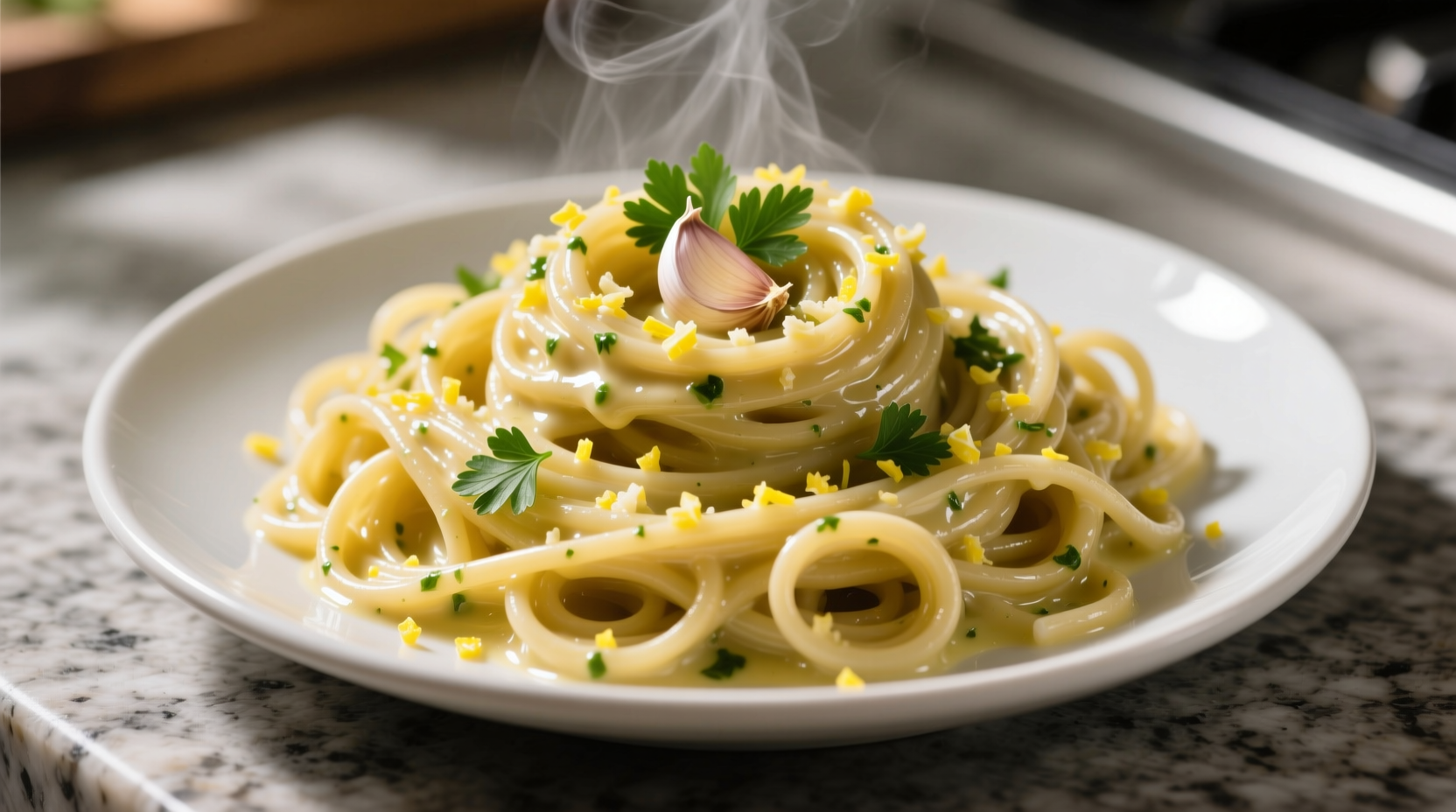 Fresh lemon garlic butter sauce coating spaghetti