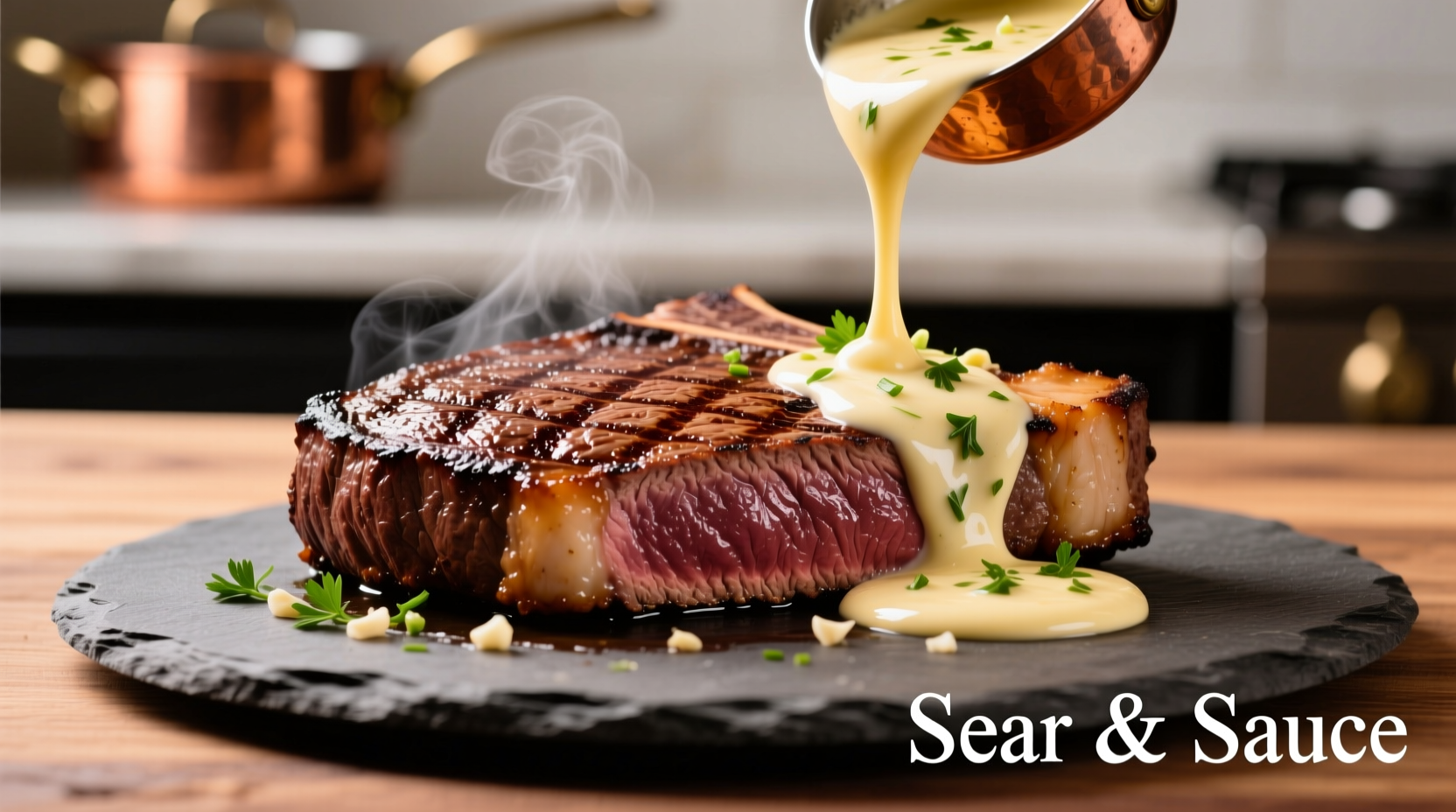 Perfectly seared steak with creamy garlic sauce drizzle