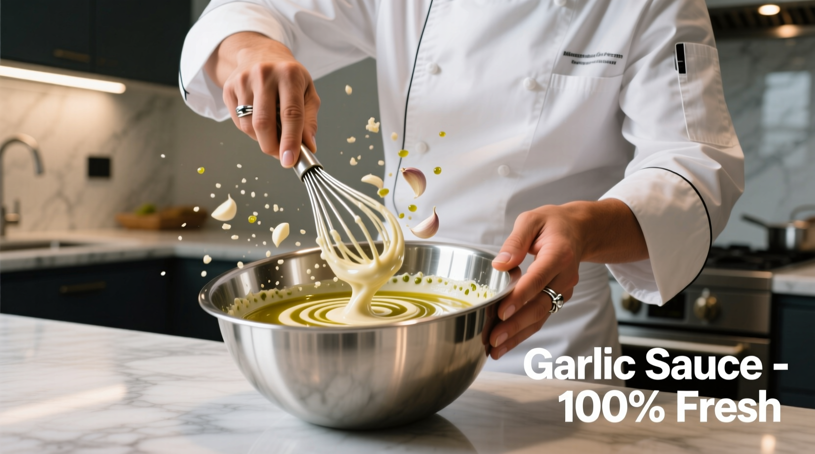 Chef whisking fresh garlic sauce in stainless steel bowl