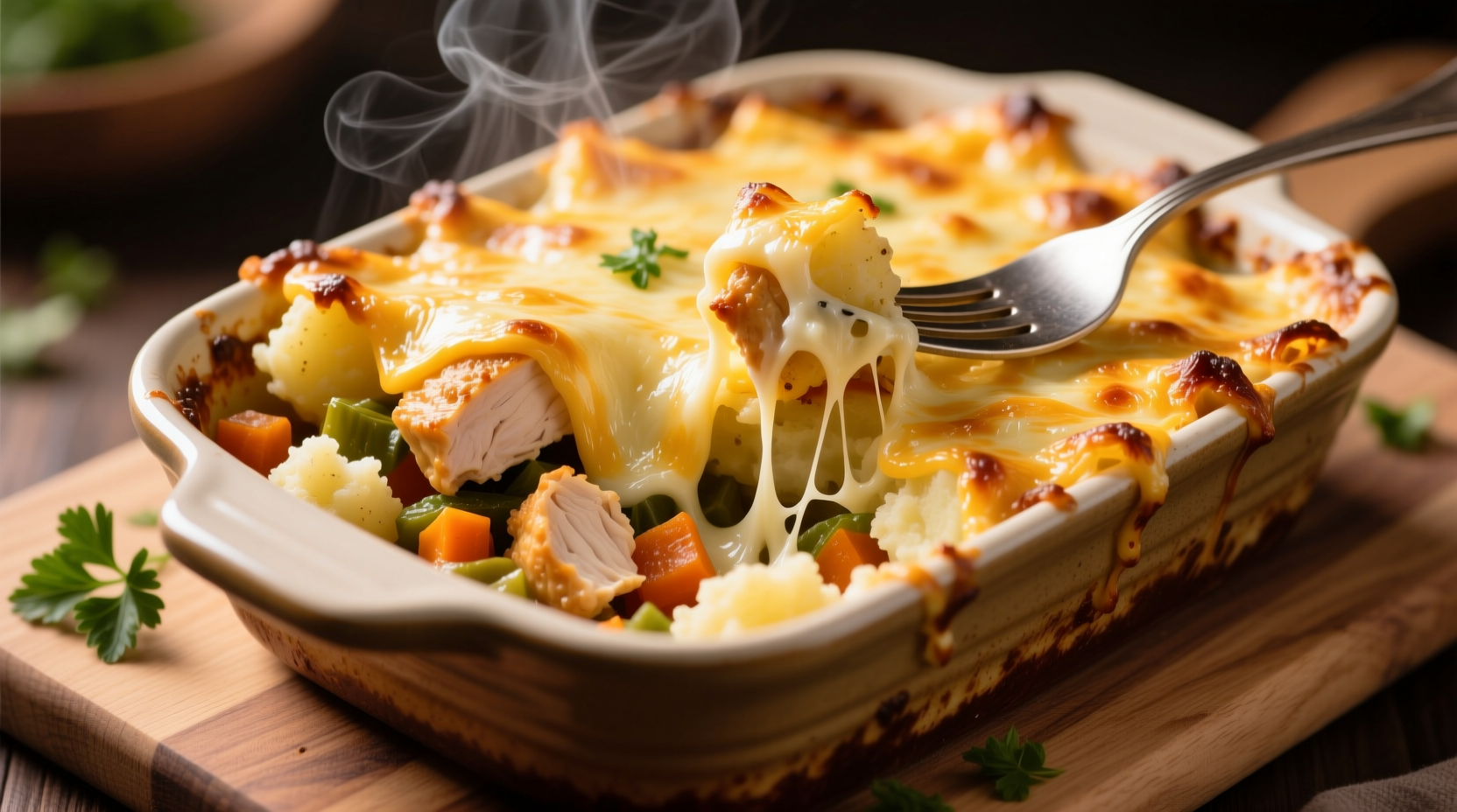 Golden baked chicken potato casserole with melted cheese topping