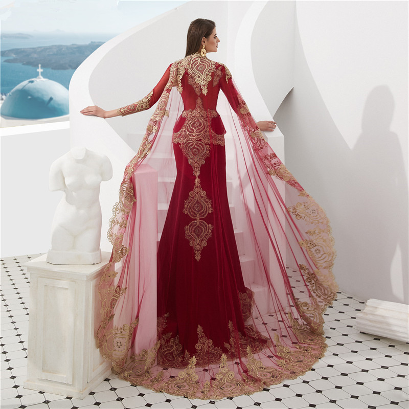 Luxury Wine Red Long Sleeve Muslim Dubai kaftans Pakistani Evening Dress Golden Lace Mermaid Dress With Detachable Long Shawl