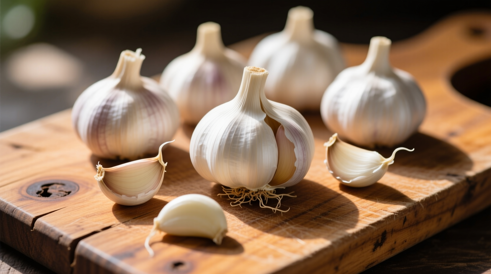 Fresh garlic bulbs and cloves arranged on wooden cutting board