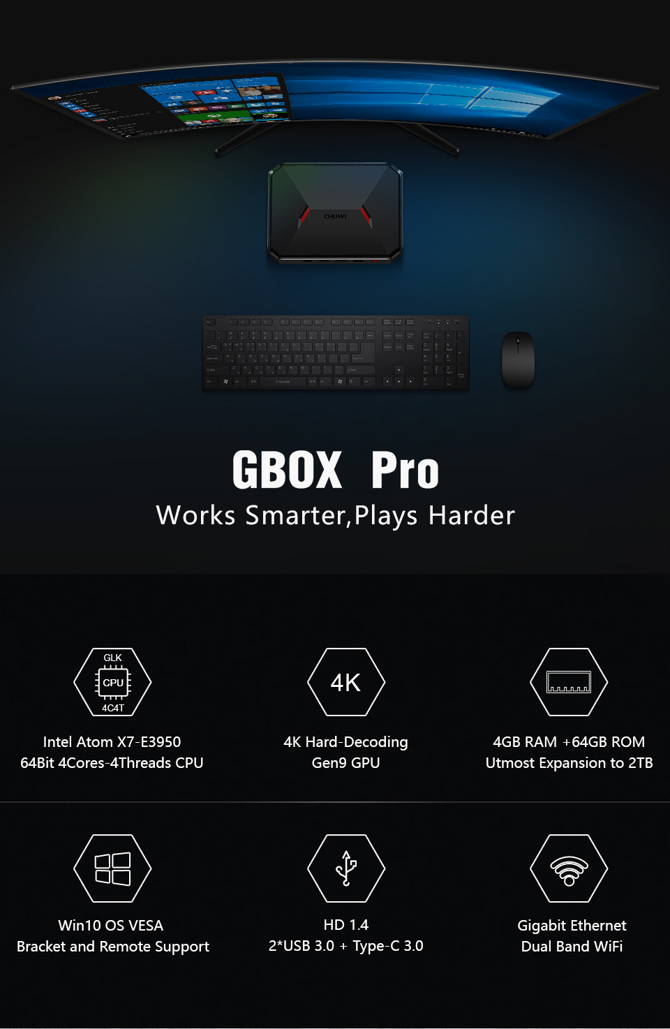 CHUWI GBox Pro Mini PC: Intel Atom X7 Quad Core, 4GB RAM, 64GB