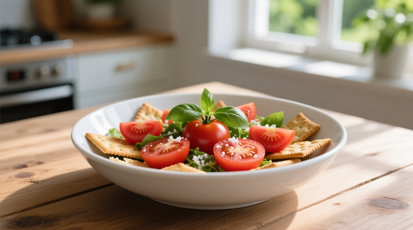 Fresh tomato cracker salad in white ceramic bowl
