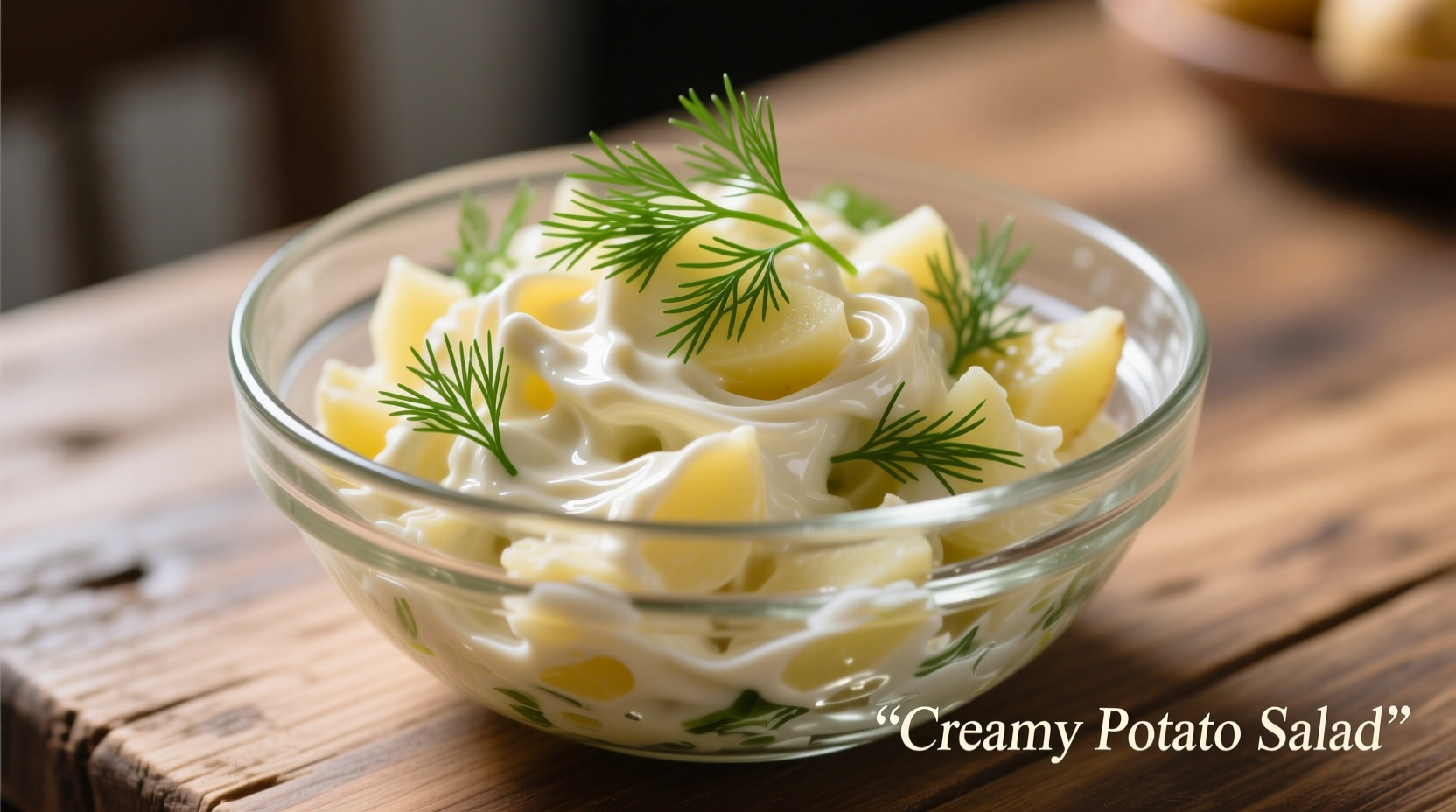 Creamy potato salad in glass bowl with fresh dill garnish