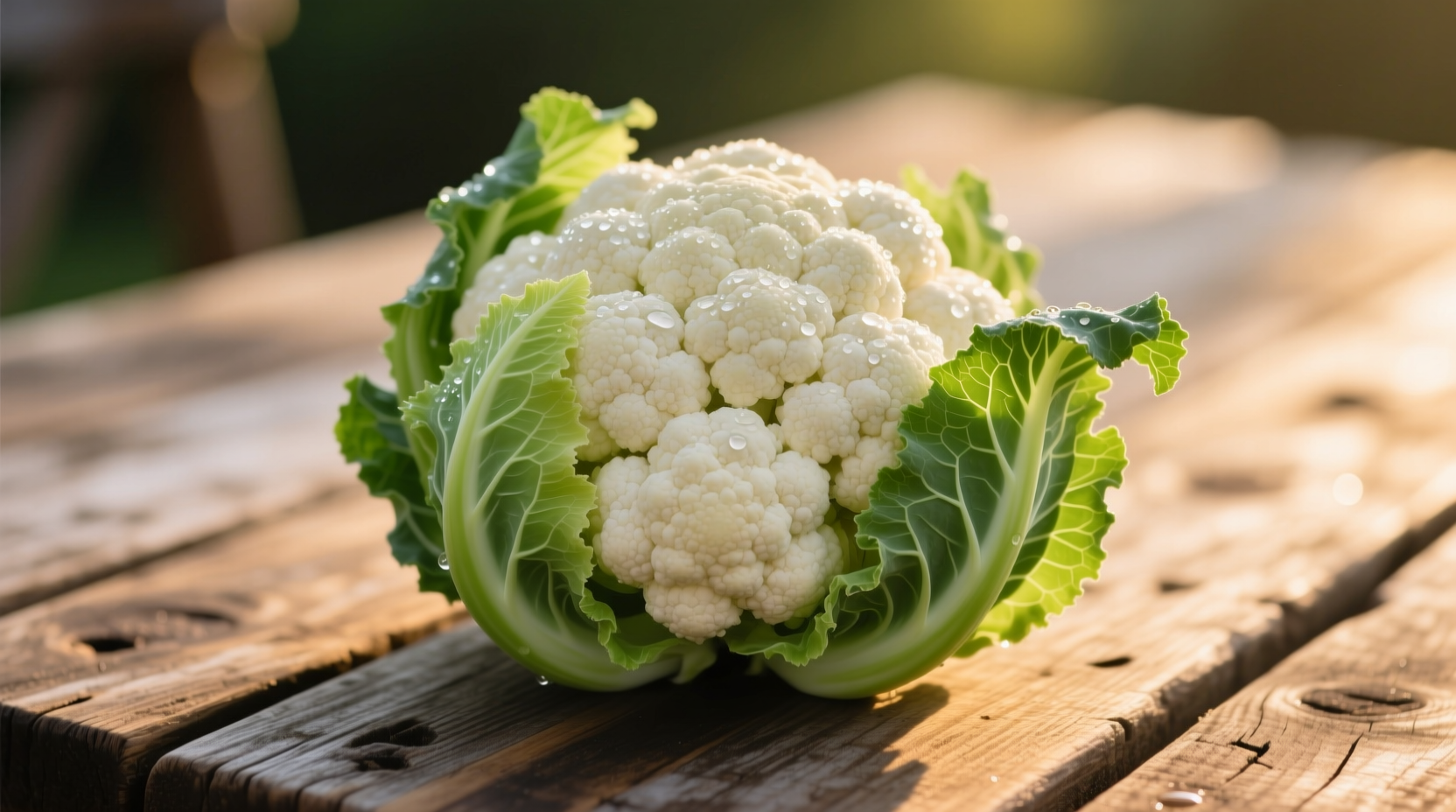 Fresh cauliflower head with green leaves on wooden table
