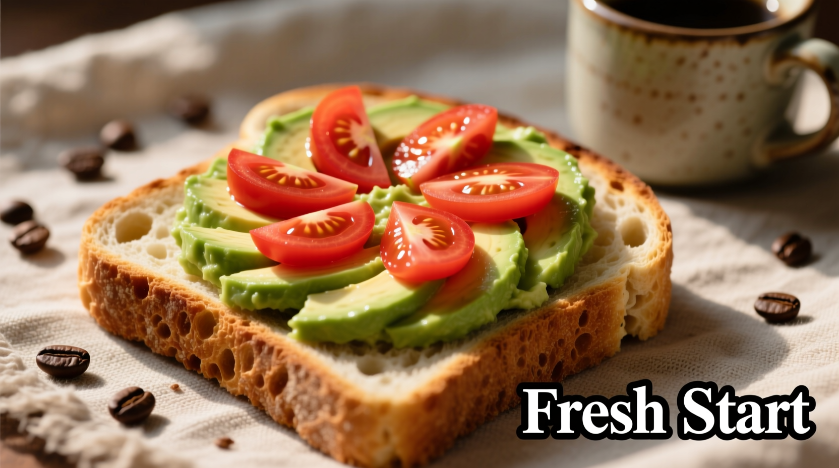 Fresh avocado toast with tomato slices on artisan bread