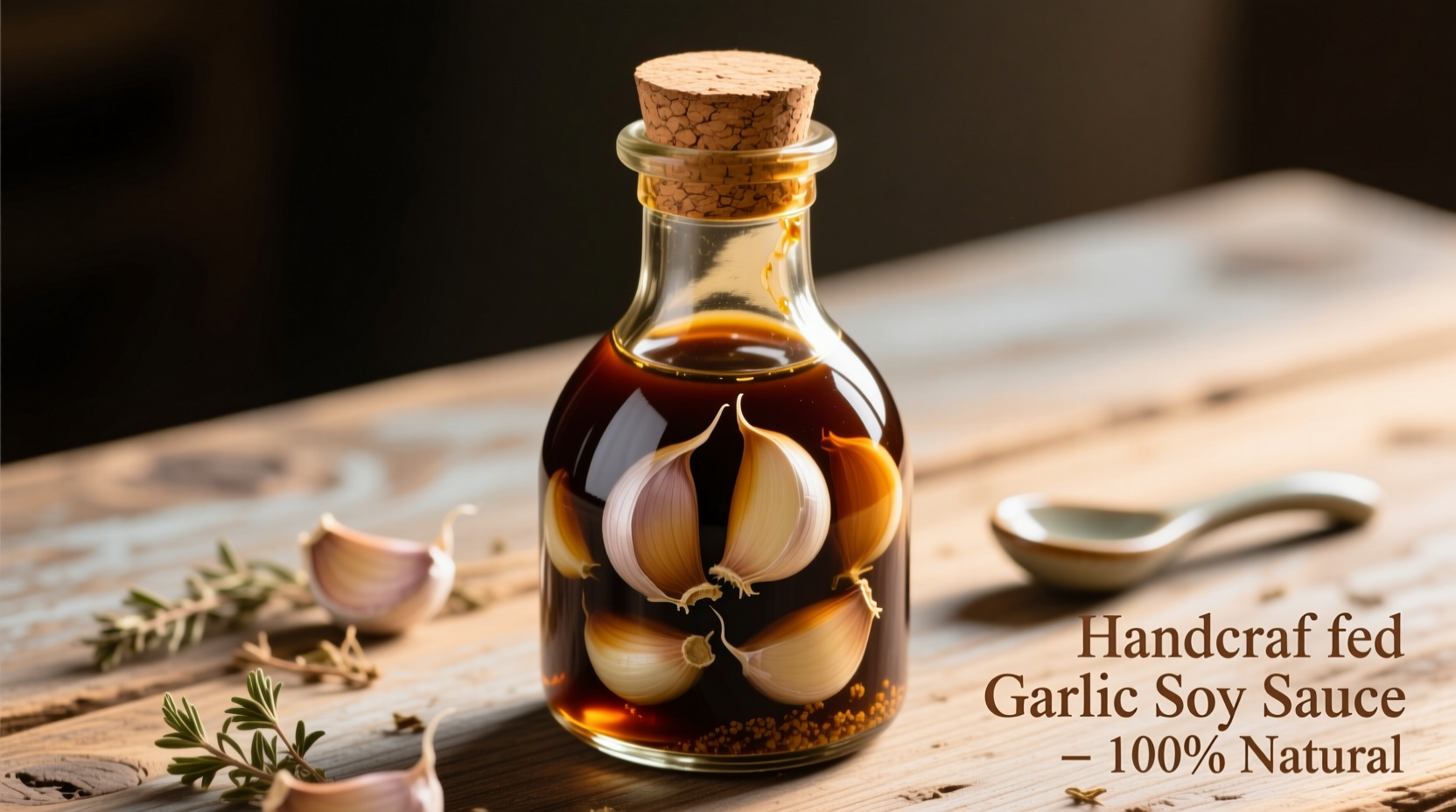 Homemade garlic soy sauce in glass bottle with fresh garlic cloves