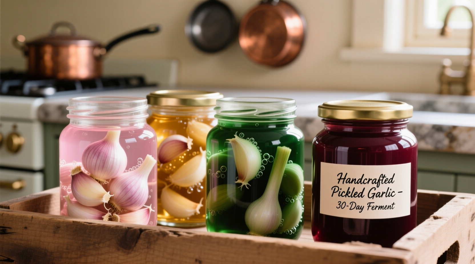 Fresh pickled garlic in glass jars with different colors