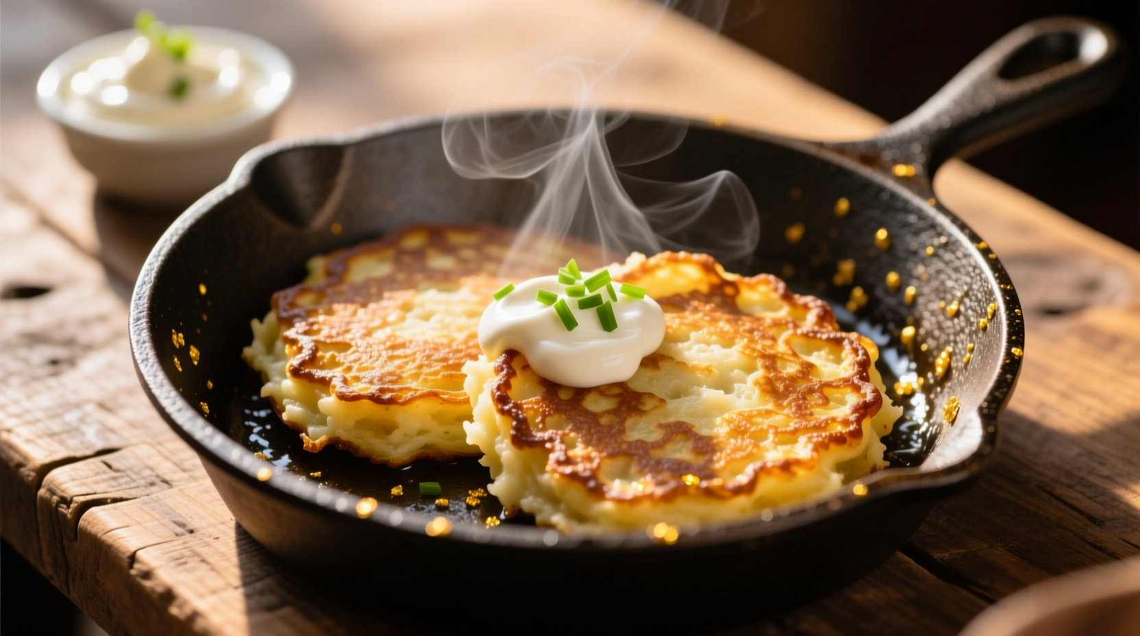Golden brown mashed potato pancakes on cast iron skillet