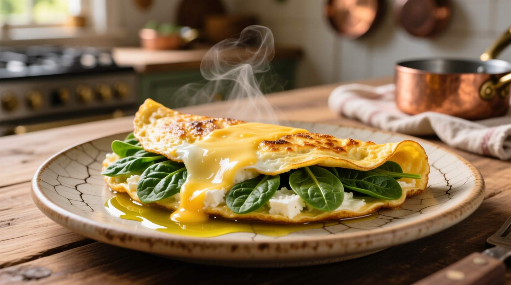Perfect golden spinach omelette with melted feta cheese