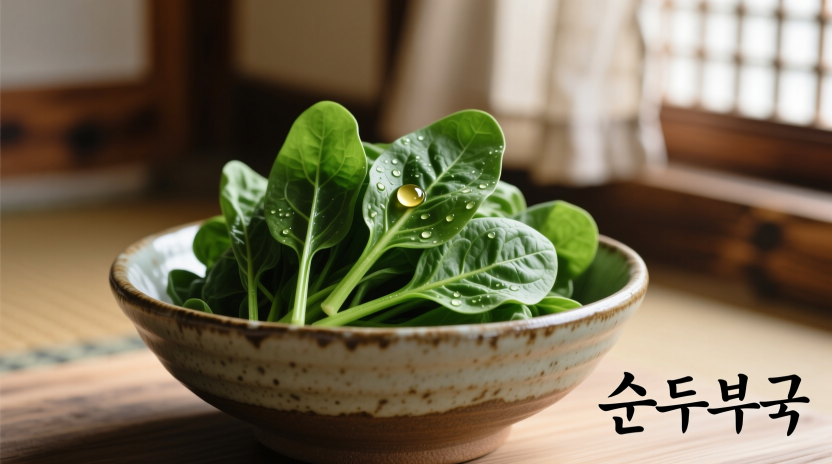 Fresh Korean spinach preparation in traditional bowl