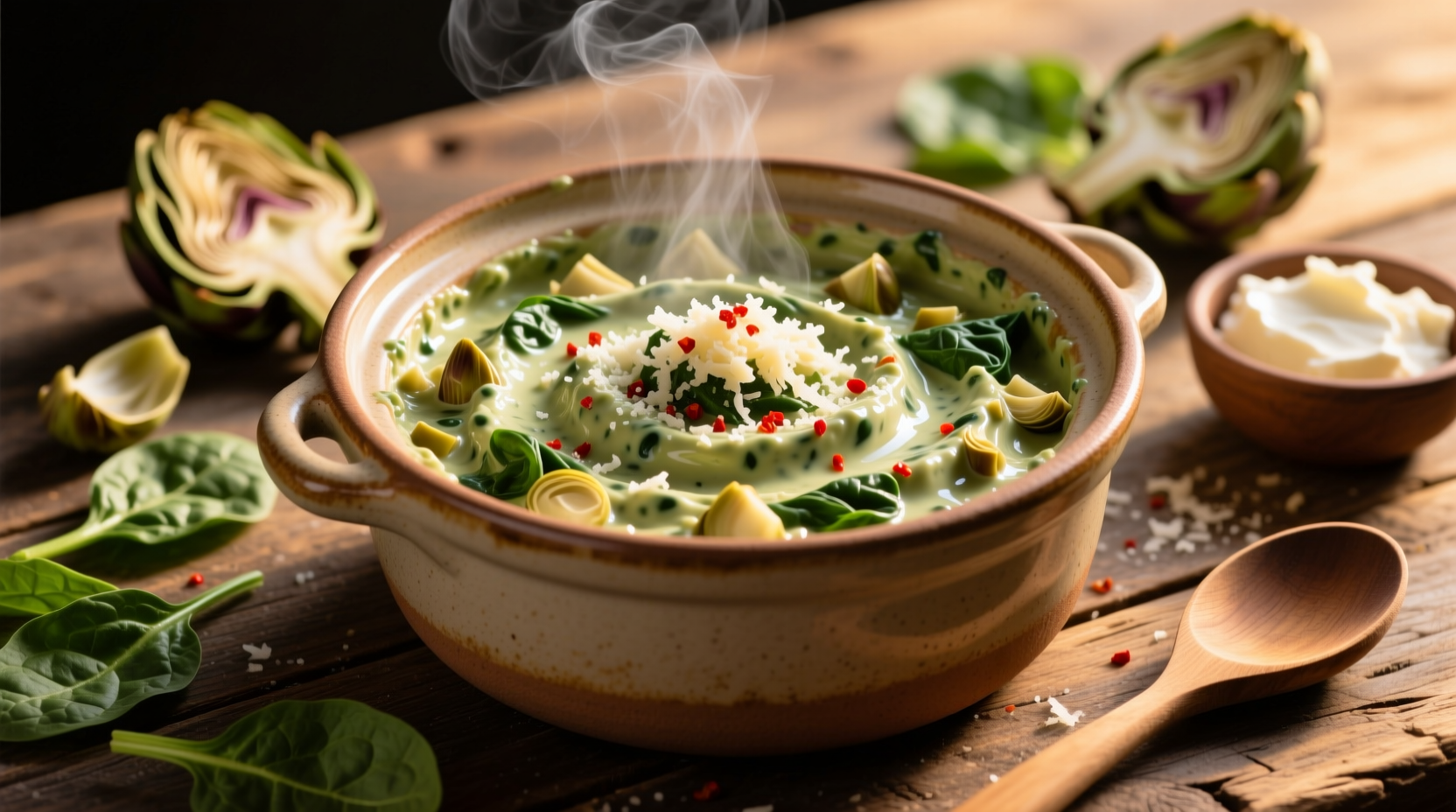 Crock pot filled with creamy spinach artichoke dip
