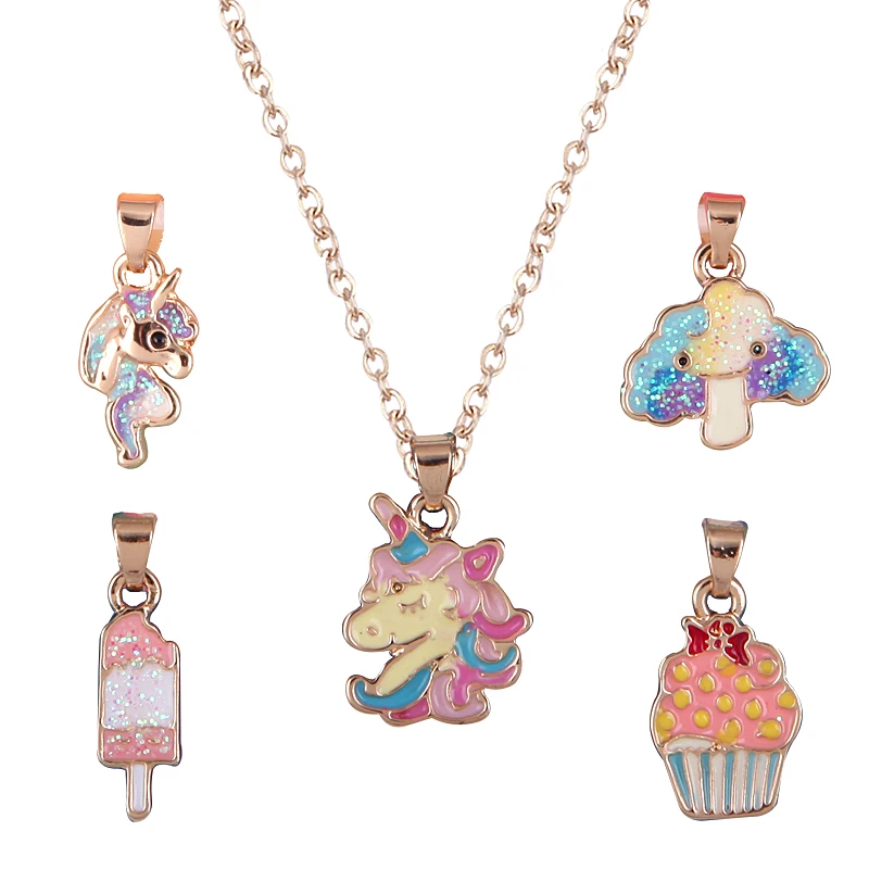 JOJO Wholesale Custom Fashion 5 Charm 1 Enamel Cute Cartoon Unicorn Handmade Girls KIds Jewelry Necklace
