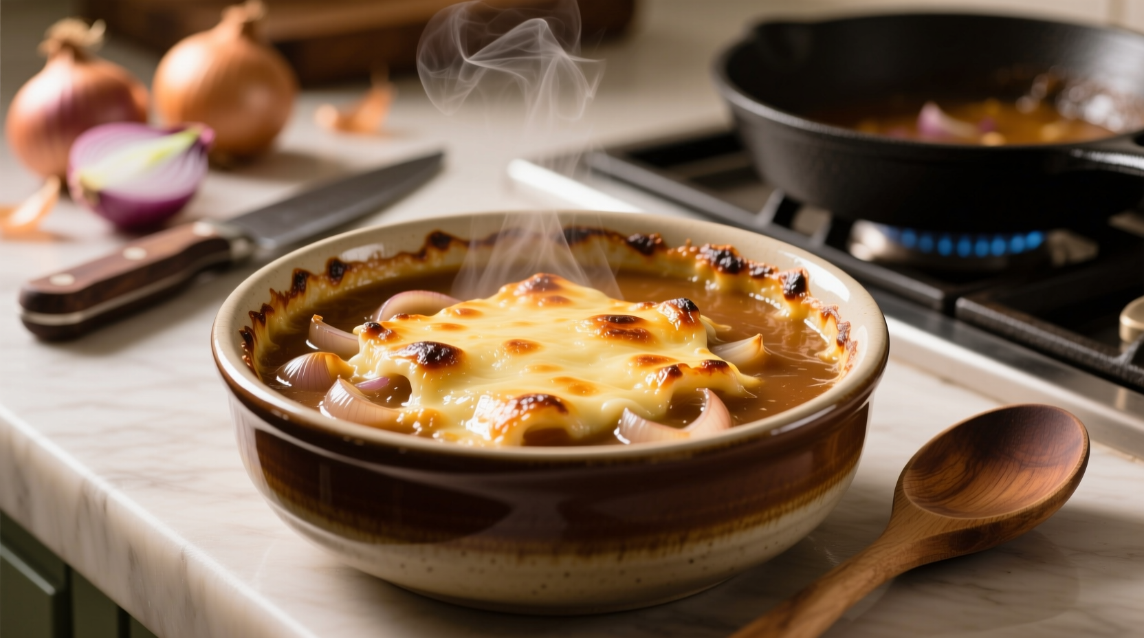 Gordon Ramsay's finished French onion soup with melted gruyere cheese topping