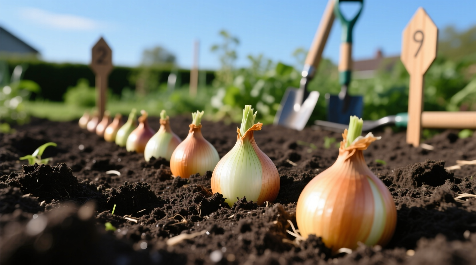 Onion sets planted at correct depth in garden soil