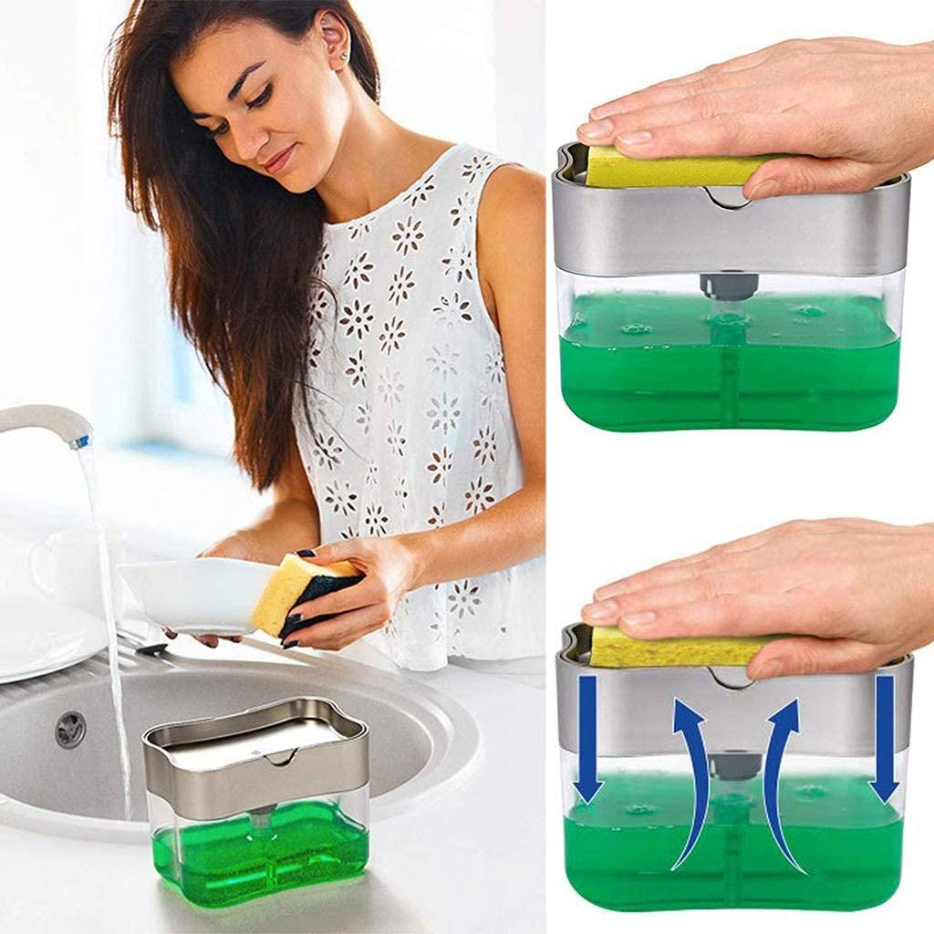 Shemax Dishwashing Soap Dispenser, Sponge Holder 2 in1 Dish liquid Dispenser Caddy,Countertop Soap Pump