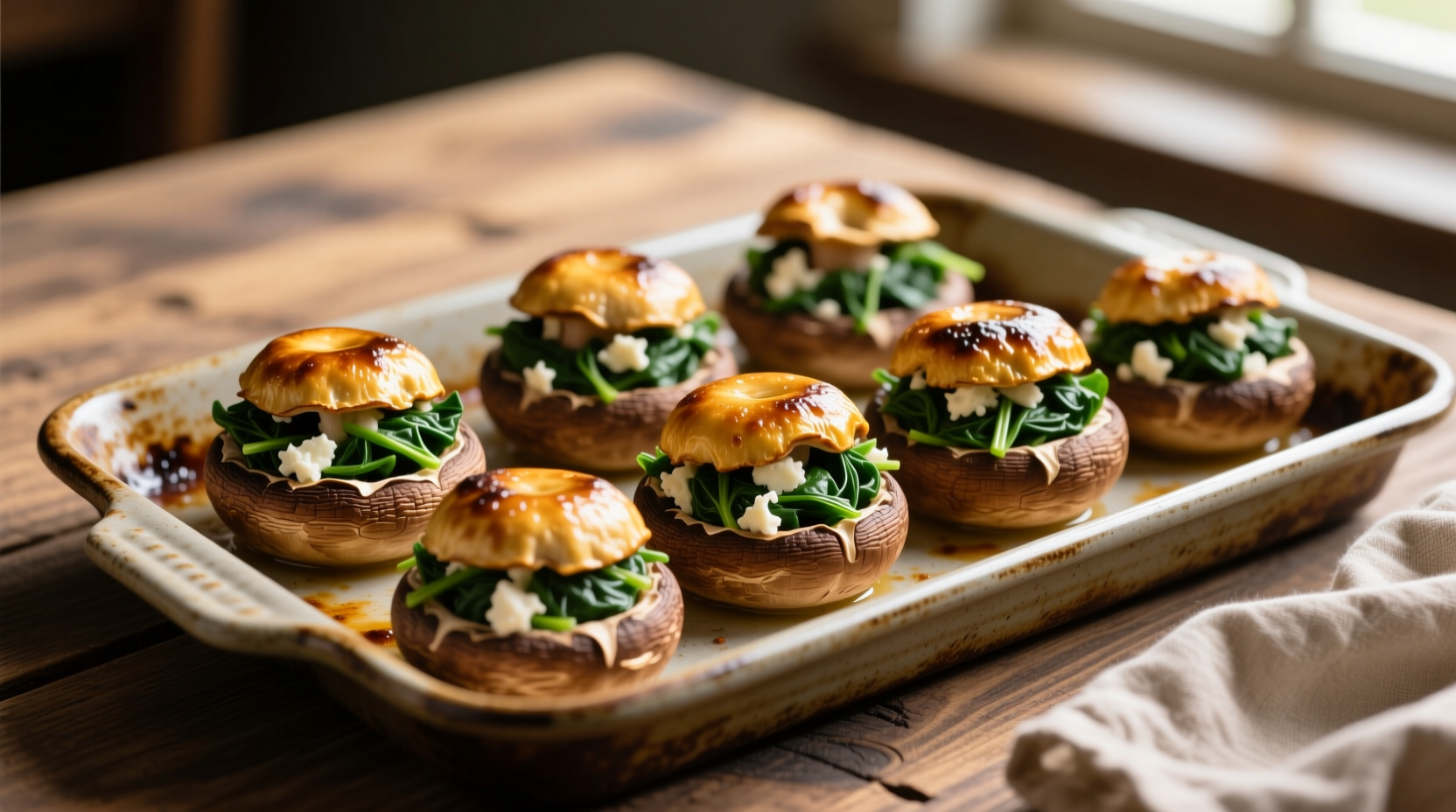 Golden brown spinach stuffed mushrooms on baking sheet