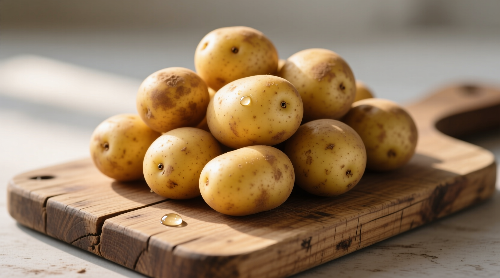 Yukon Gold potatoes on wooden cutting board
