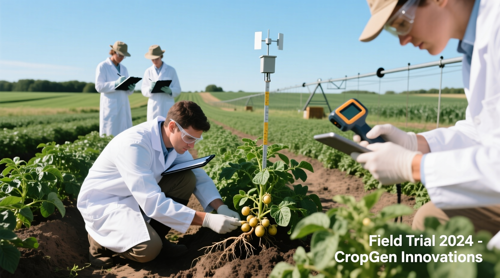 Researchers examining potato plants in field trial
