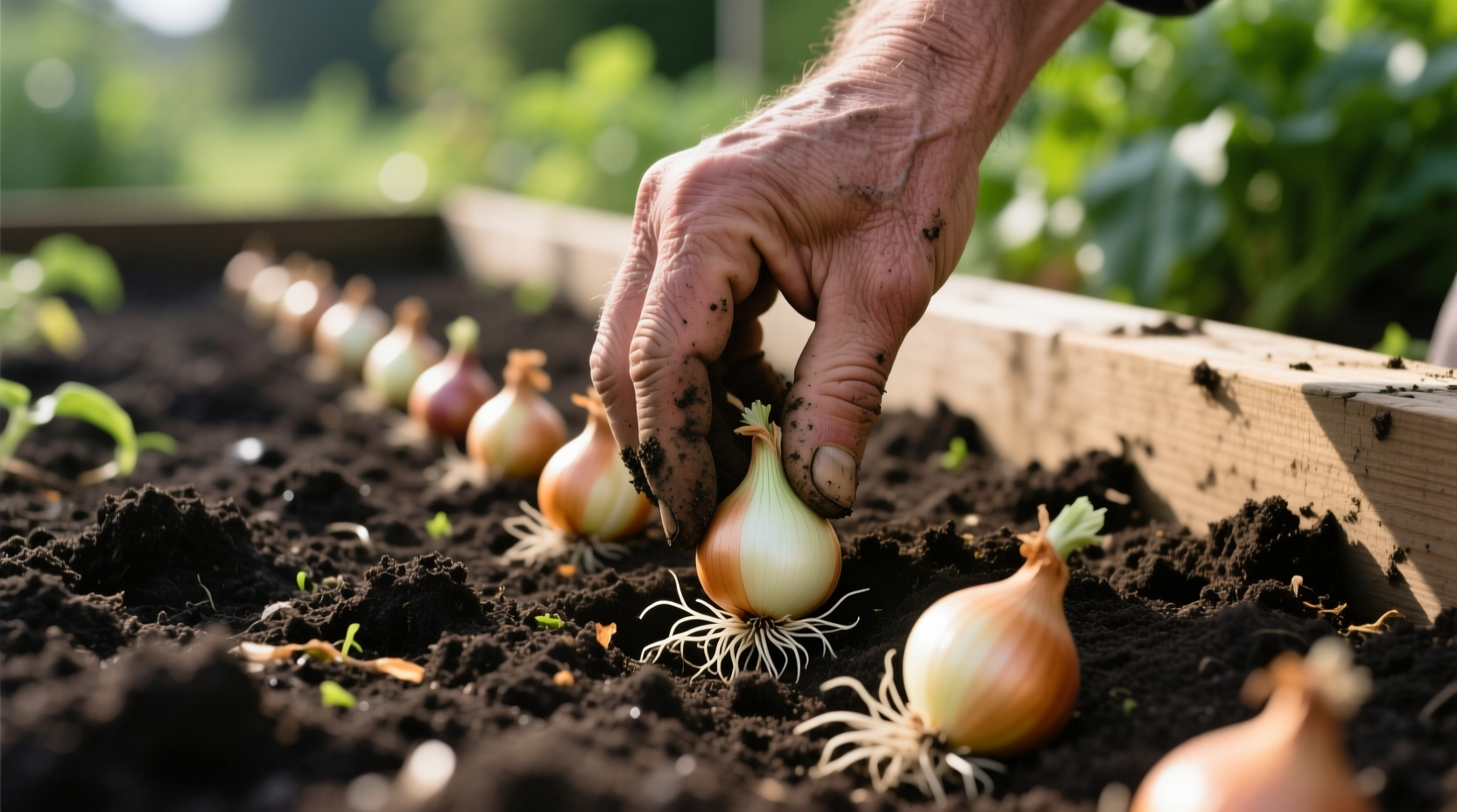 Hand placing onion bulbs in garden soil