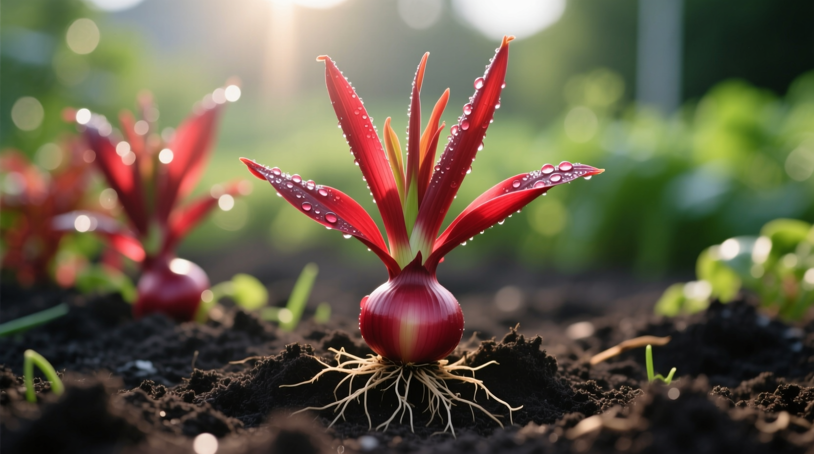 Healthy red onion plants growing in garden soil