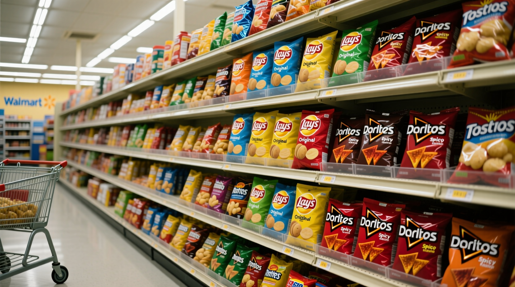Walmart potato chip aisle layout showing different brands