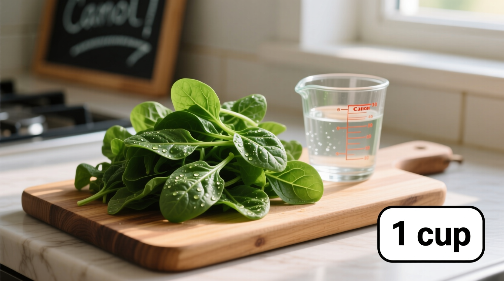Raw spinach leaves on cutting board with measuring cup