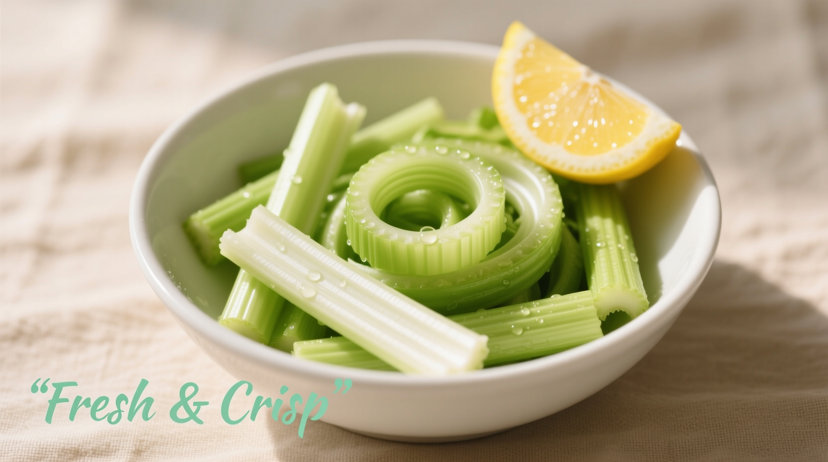Fresh celery salad in white bowl with lemon wedge