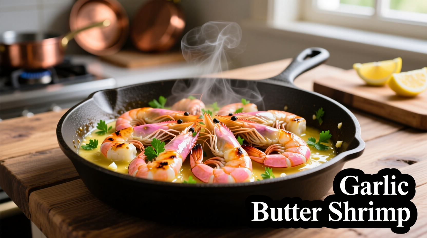 Perfectly cooked garlic butter shrimp in skillet