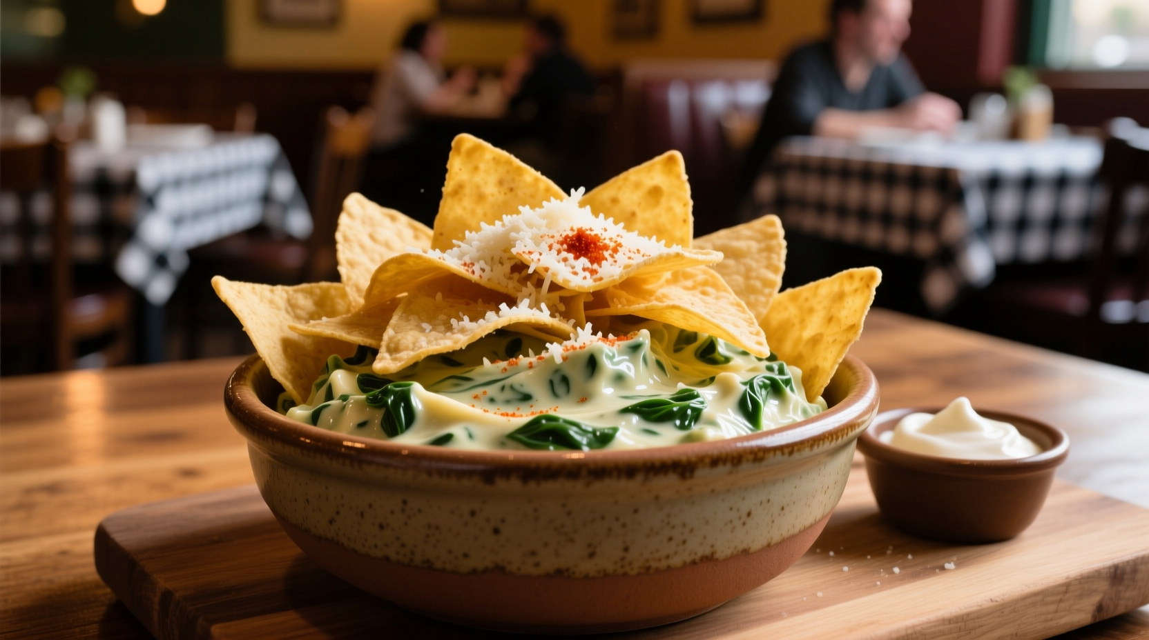 Creamy spinach dip served with tortilla chips in restaurant style