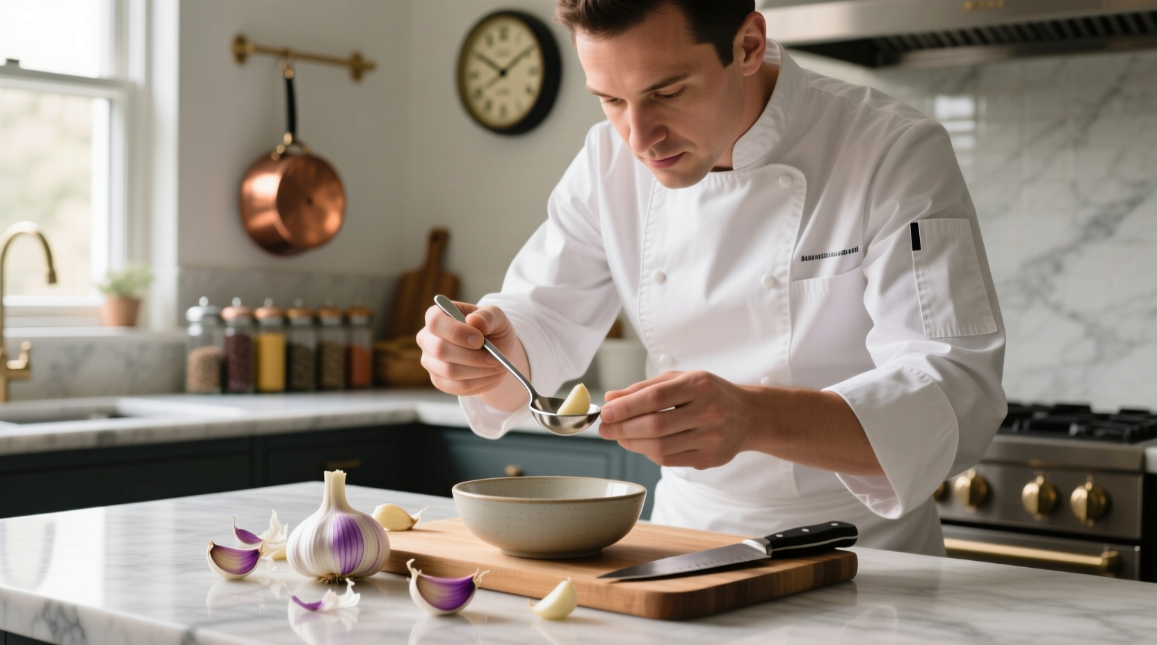 Chef measuring fresh garlic cloves in kitchen