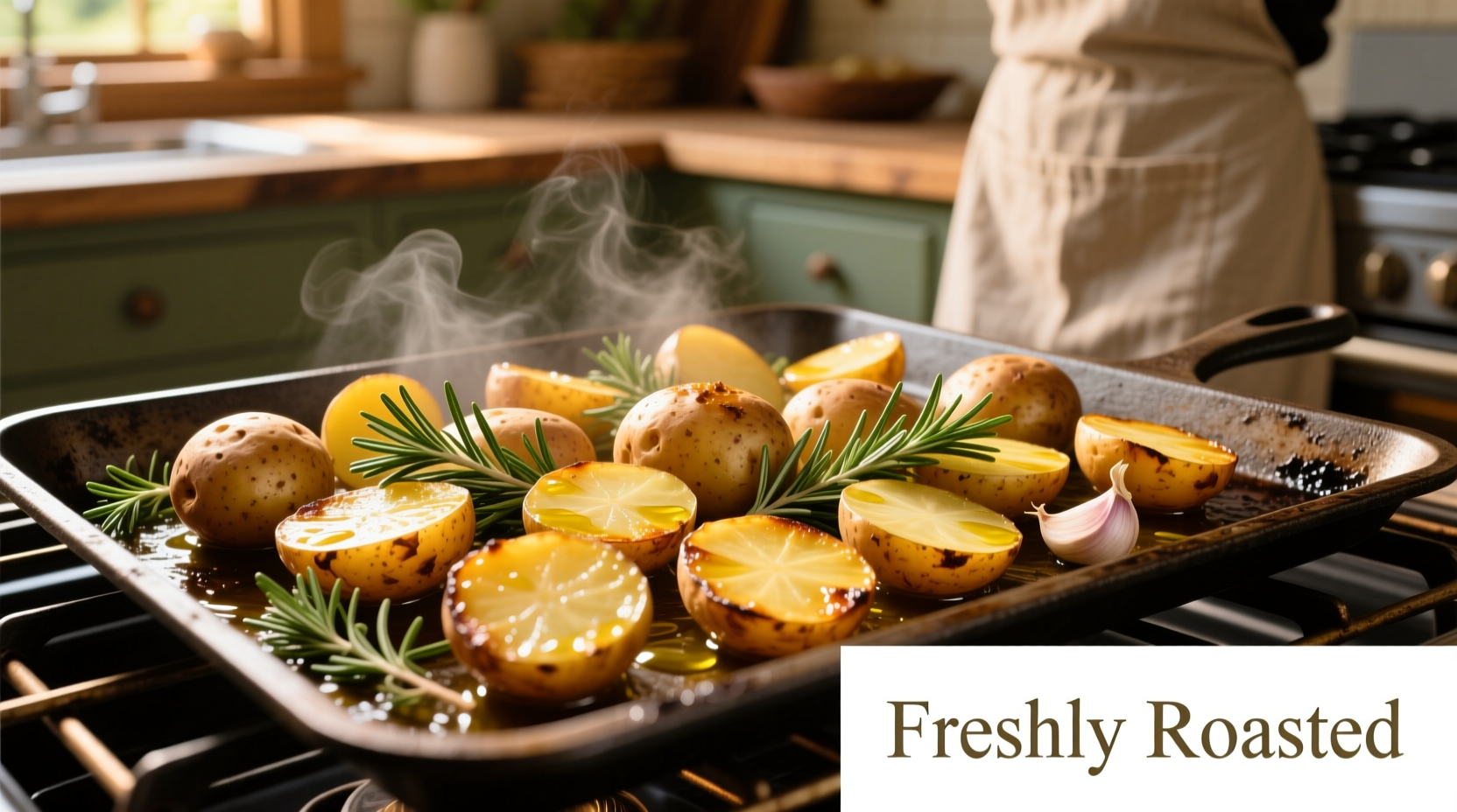 Golden Yukon potatoes roasted with fresh herbs on baking sheet