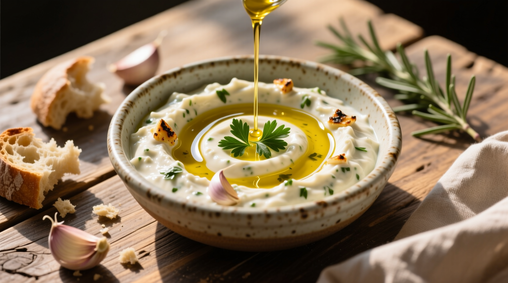 Creamy Mediterranean garlic dip in ceramic bowl with olive oil drizzle
