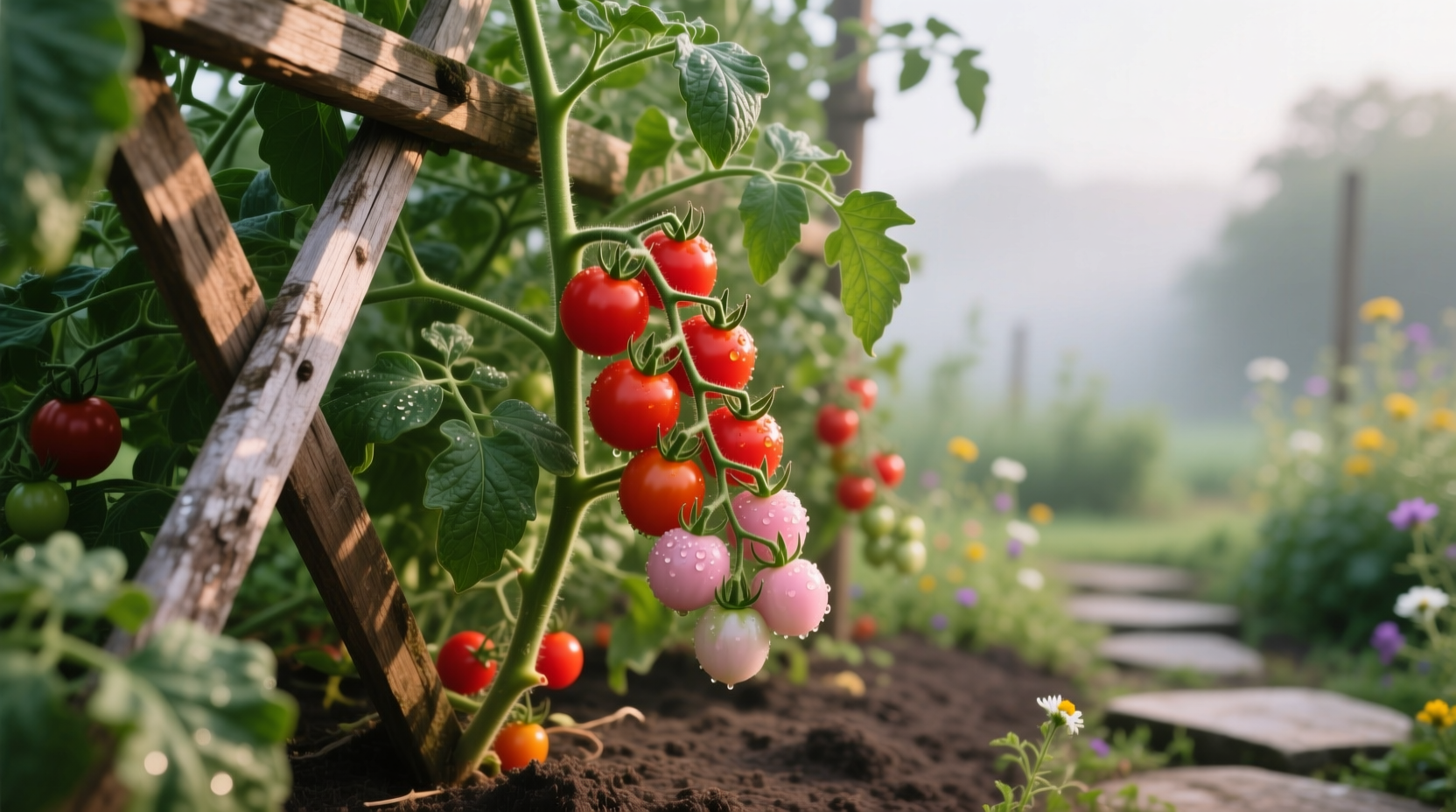 Cherry tomato plant growing on trellis system